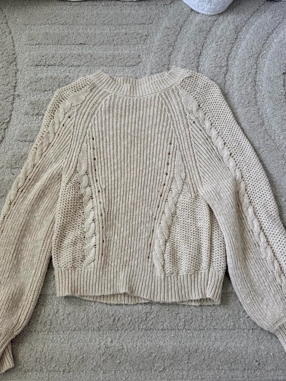 American Eagle Outfitters Cream Cable-Knit Crew Sweater